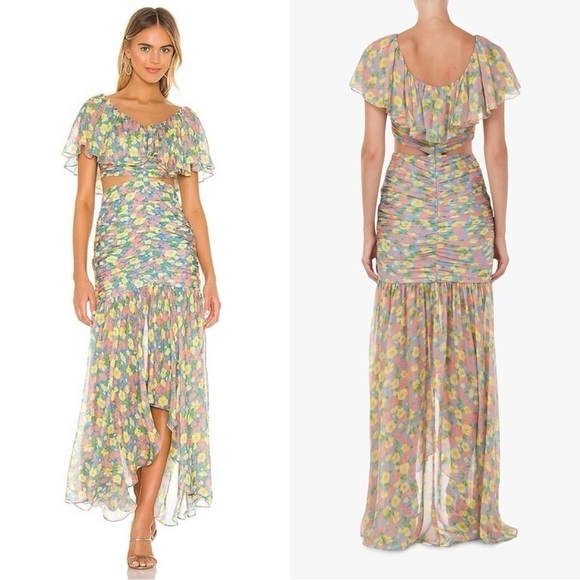 AMUR Amore Floral Ruffle Cutout Silk Maxi Dress Sz 6